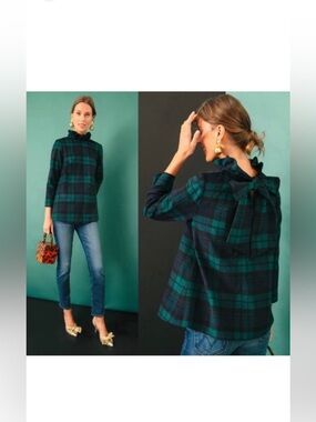 Tuckernuck Blackwatch Plaid Faye Shirt Top High Ruffle Neck Back Tie Bow Size S